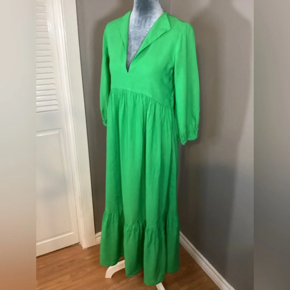 ZARA Tiered Green Maxi Linen Blend Dress Size S - Picture 4 of 10